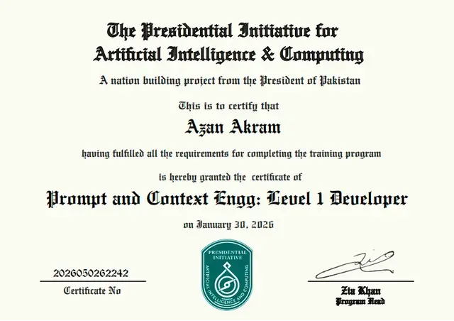 Prompt & Context Engineering, Level 1 Developer certificate from PIAIC, awarded to Azan Akram