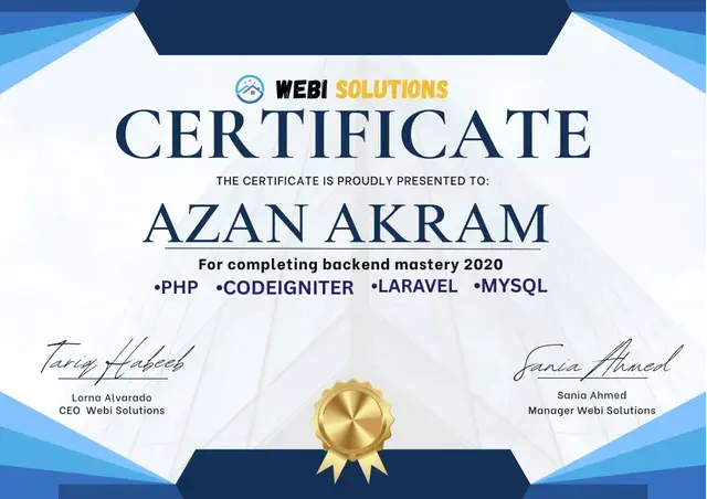 Backend Mastery certificate from Webi Solutions, awarded to Azan Akram