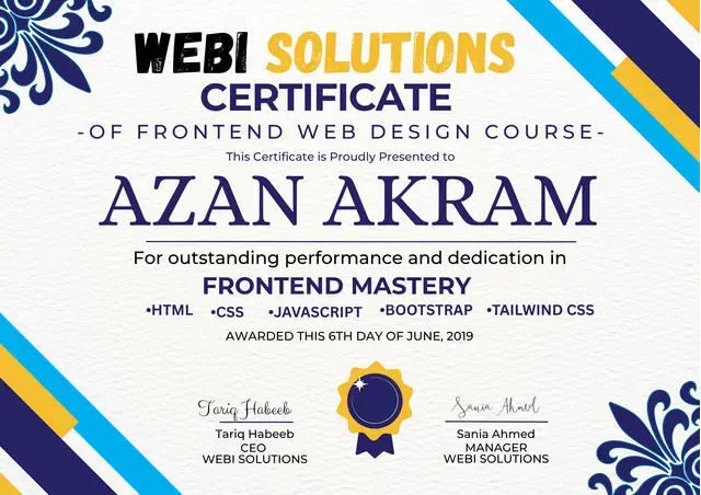 Frontend Mastery certificate from Webi Solutions, awarded to Azan Akram
